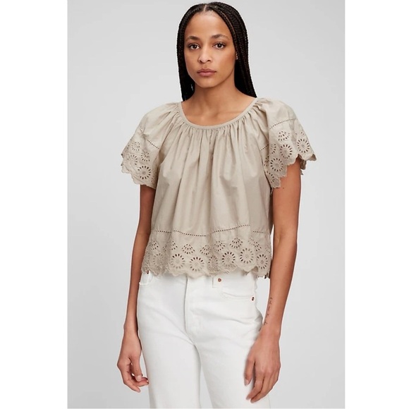GAP Cotton Eyelet Lace Flutter Short Sleeve Top Beige - Picture 1 of 10